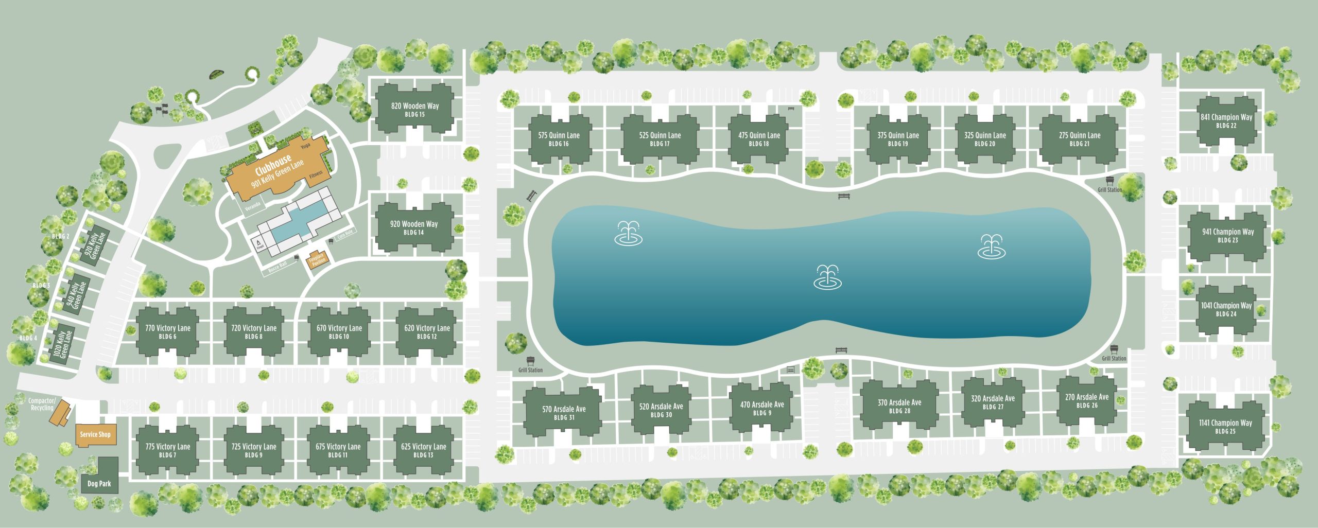 Apartments in Lebanon Illustrated map of a park with a central lake, surrounded by pathways and various facilities like restrooms and benches, all labeled accordingly.