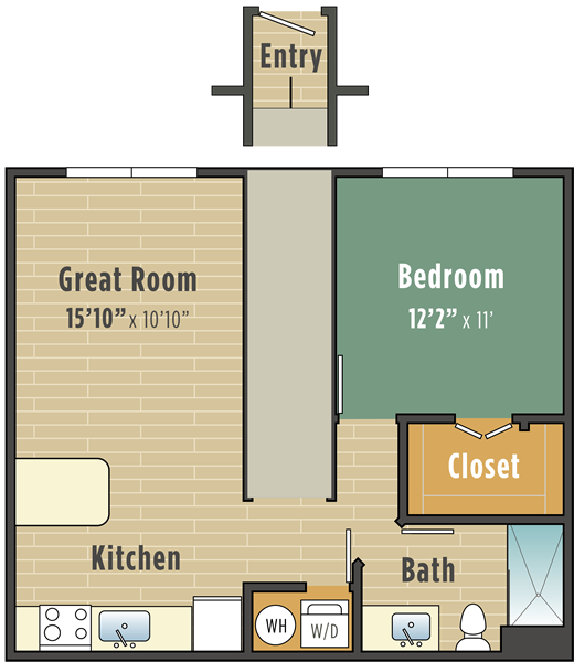 Apartments in Lebanon, IN Illustration of a studio apartment floor plan, showing a great room, kitchen, bedroom, closet, and bathroom, labeled with dimensions.