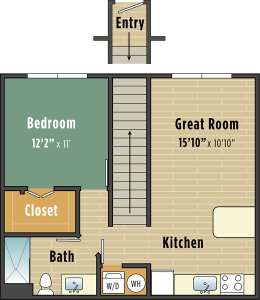 Apartments in Lebanon, IN Illustration of a floor plan designed to assist in understanding the layout, featuring an entryway, a bedroom with a closet and bathroom, a great room, and a kitchen with labeled appliances and dimensions.