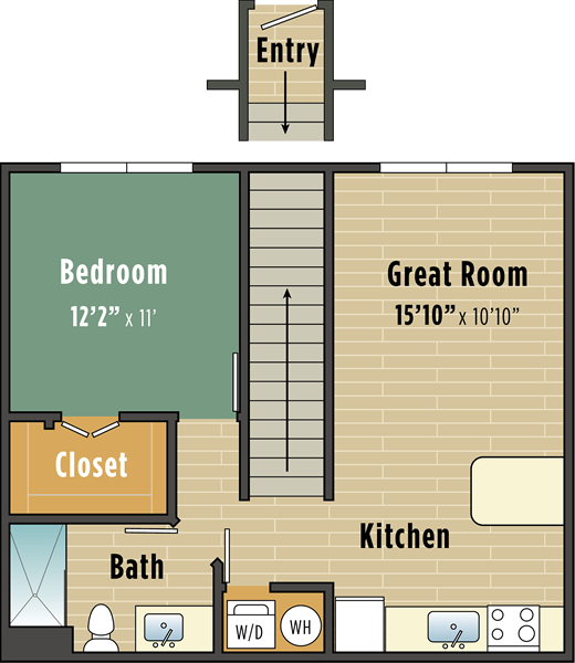 Apartments in Lebanon, IN Illustration of a floor plan designed to assist in understanding the layout, featuring an entryway, a bedroom with a closet and bathroom, a great room, and a kitchen with labeled appliances and dimensions.