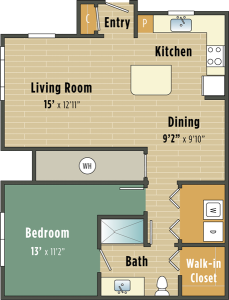 Apartments in Lebanon, IN Floor plan of an apartment showing a bedroom, bathroom, walk-in closet, kitchen, living room, dining area, and entry. dimensions for each room are provided.