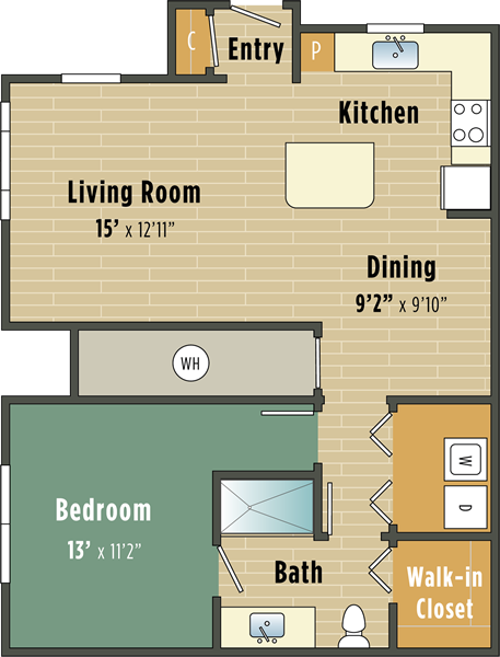 Apartments in Lebanon, IN Floor plan of an apartment showing a bedroom, bathroom, walk-in closet, kitchen, living room, dining area, and entry. dimensions for each room are provided.
