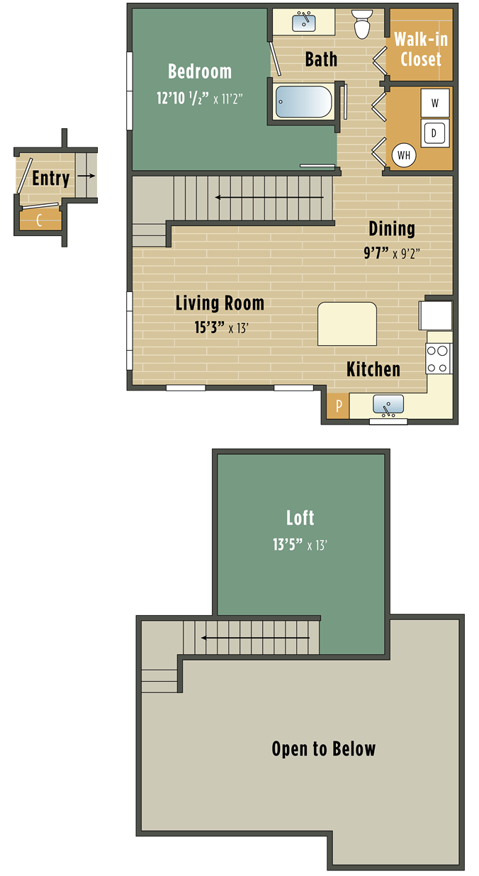 Apartments in Lebanon, IN Floor plan of a multi-level apartment featuring a bedroom with a walk-in closet and bath upstairs, and a living area with kitchen, dining space, and free throw practice area downstairs, connected by stairs.