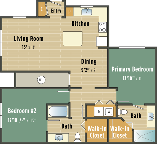 Apartments in Lebanon, IN Floor plan of a two-bedroom apartment including living room, kitchen, dining area, two bathrooms, and walk-in closets.