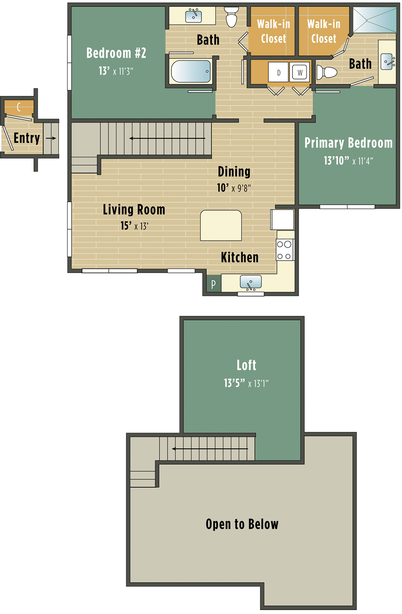 Two Bedroom Apartments in Lebanon, IN Floor plan of a two-story apartment showing two bedrooms, bathrooms, kitchen, dining area, and a walk-in closet, with designated parking space and a swish rev.