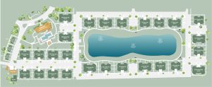 Apartments in Lebanon, IN A site map displaying apartment buildings arranged around a central lake, with each building labeled by apartment numbers. Amenities such as pools, a clubhouse, and parking areas are visible on the left side. This well-organized layout enhances website navigation for potential residents.