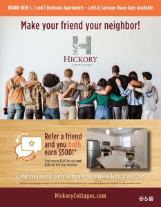 Apartments in Lebanon, IN Advertisement for Hickory Cottages promoting a referral program: "Make your friend your neighbor!" Features a group of people high-fiving, and an incentive of $500 for both the referrer and the new resident. And, ask about our special Auto Draft discount for even more savings!