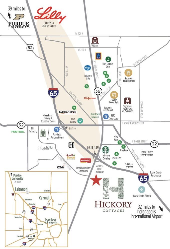 Apartments in Lebanon, IN Map showcasing directions and locations around Hickory Cottages with notable landmarks, including Purdue University, Indianapolis International Airport, and various local amenities—all neatly presented on a single PAGE. See all available apartments for rent at Hickory Cottages in Indiana Boone County Lebanon, Hickory Cottages has rental units ranging from 664-1420 sq ft