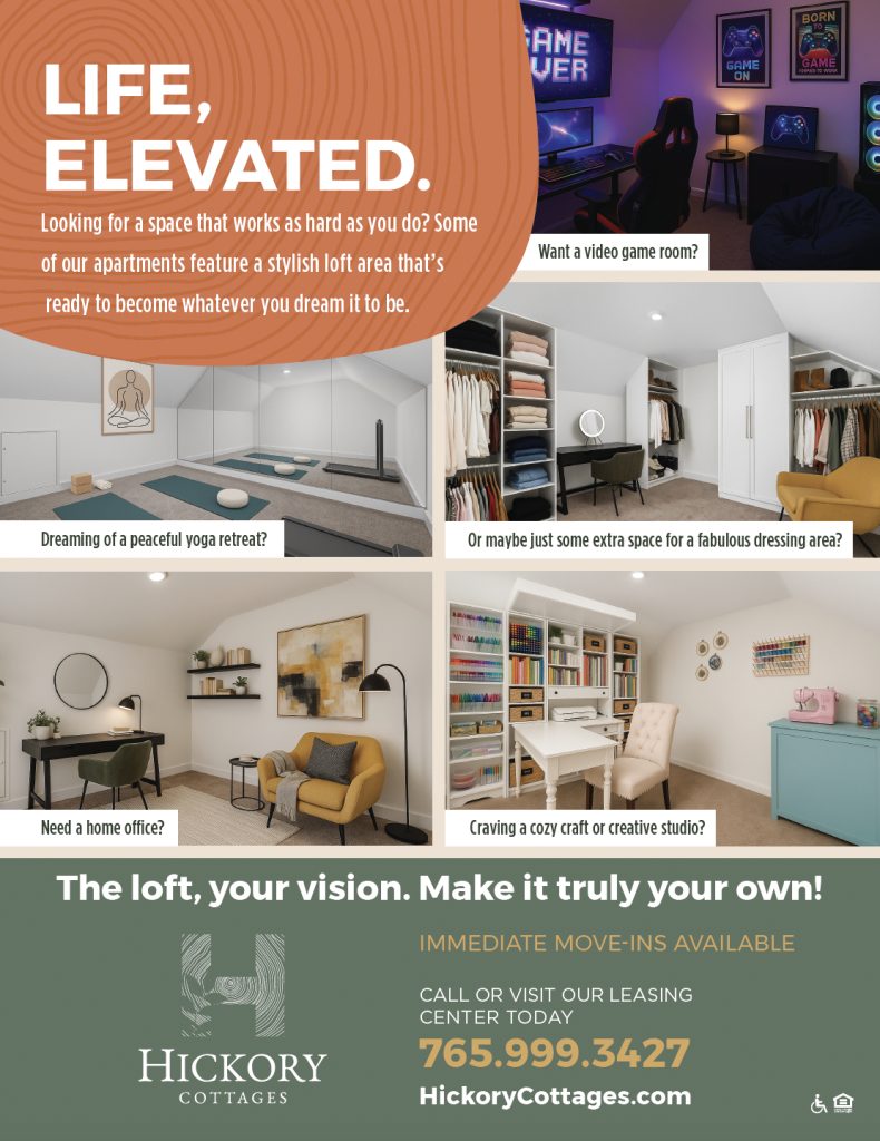 Hickory Cottages Loft Living Flyer no tic marks.pdf 2025-07-14 21-31-42 Loft apartment living in Indiana, Boone County, Lebanon. Apartments for rent. College of modern loft spaces—game room, yoga retreat, dressing area, home office, and creative studio—showcases loft living at Hickory Cottages. Discover stylish loft apartments for lease in Lebanon Indiana. See all available apartments for rent at Hickory Cottages in Indiana Boone County Lebanon, Hickory Cottages has rental units ranging from 664-1420 sq ft